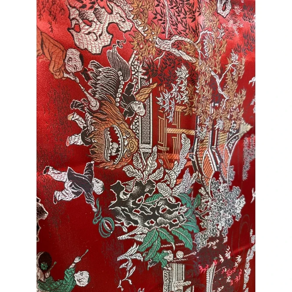 Vintage Chinese Red Silk Brocade Tapestry Bedspread Pagoda Scene Fringe 53x77
